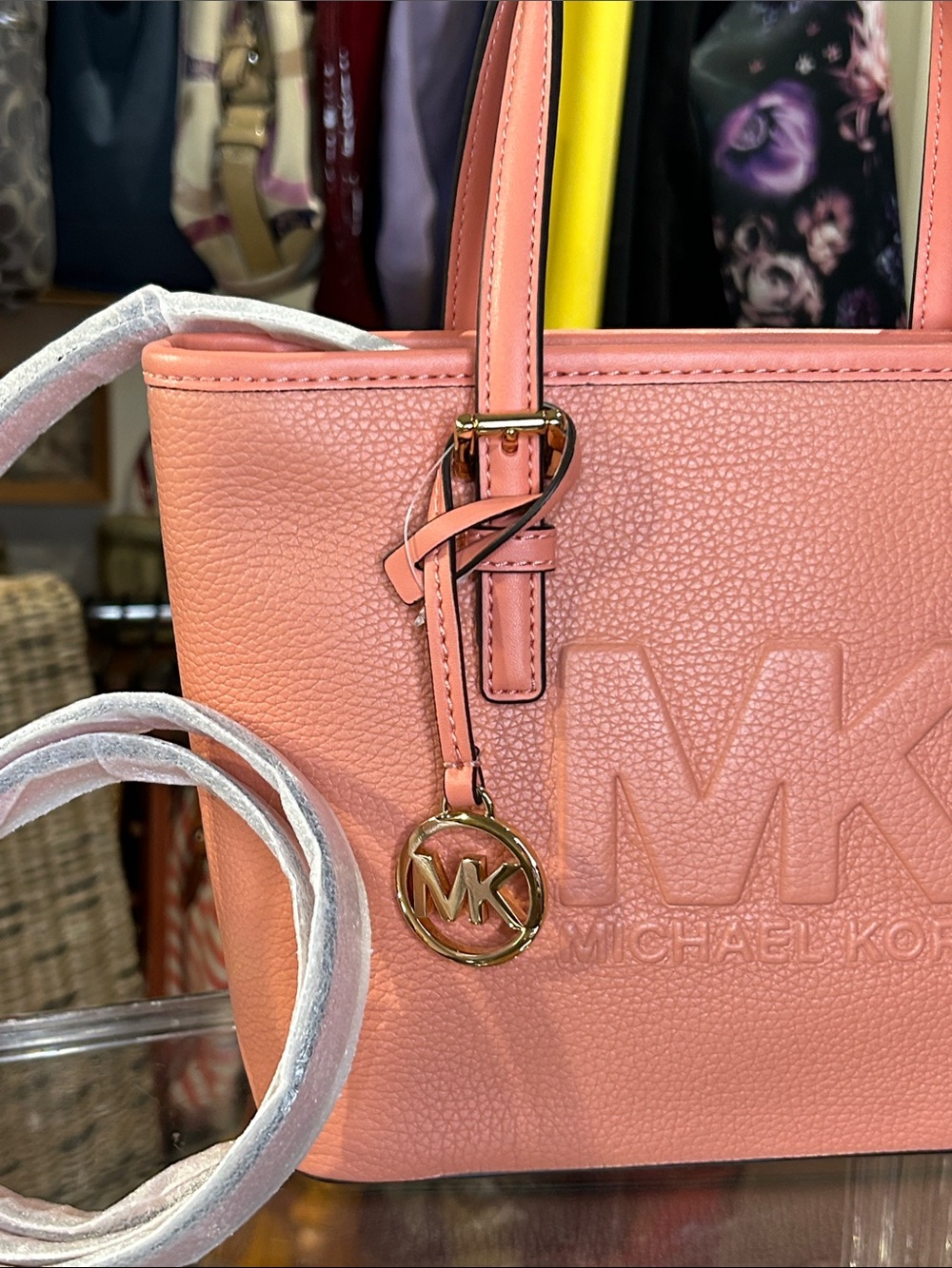 Michael Kors Coral Pink Jet Set MK Embossed Leather Tote 8.5”x 4”x 7.5” NWT - Picture 2 of 6